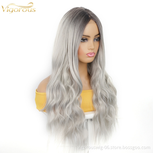 26 inch Synthetic fiber Lace Long Body Wavy Wig Middle Parting Ombre Grey for Women Daily Party Use Heat Resisitant Vendor Price